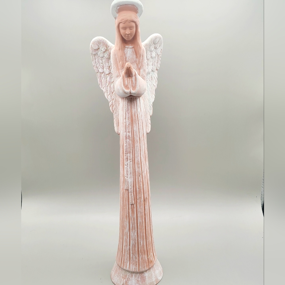 Tall Pink Praying Angel with Shimmering Glitter Wings Candleholder